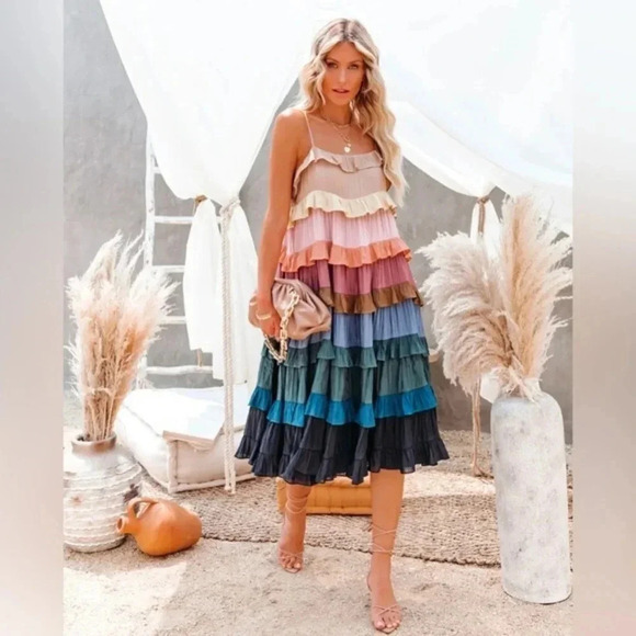 Storia Dresses & Skirts - Storia tiered ruffles maxi midi dress muted rainbow flowy pregnancy summer